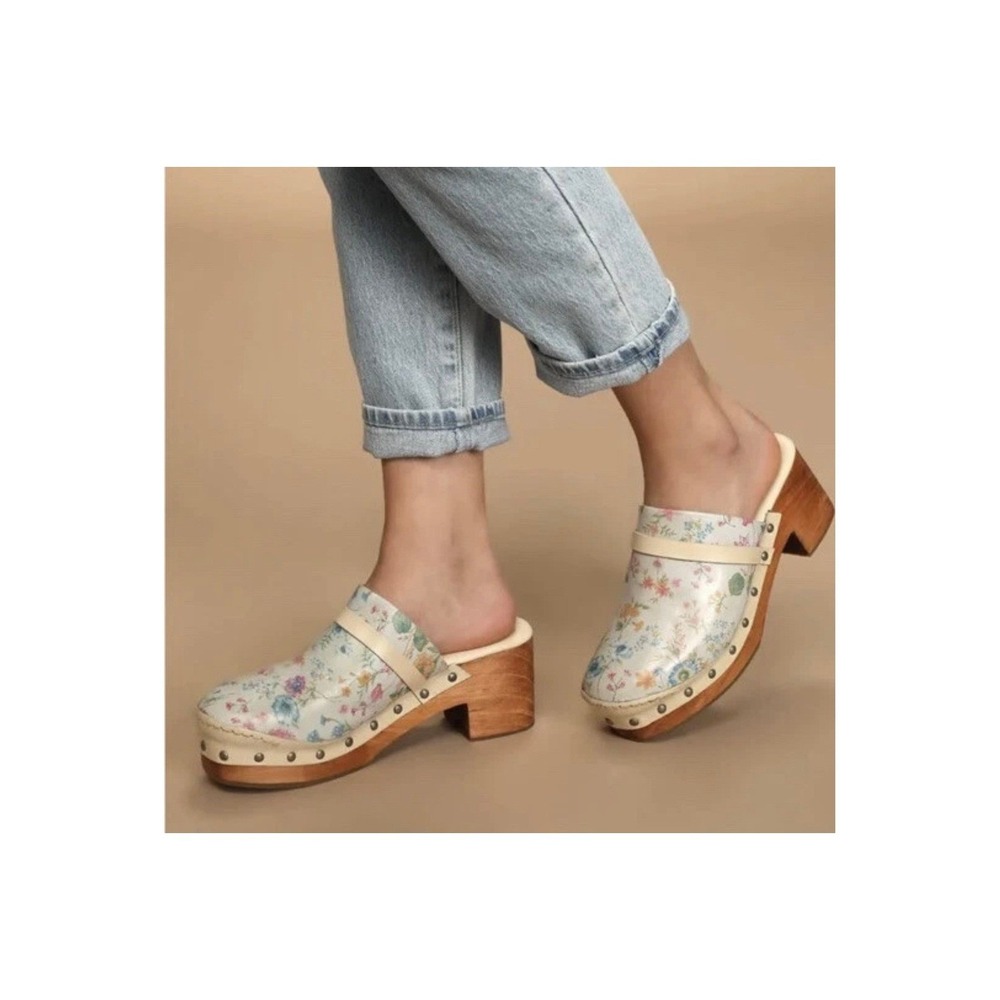 Free People Floral Leather Wooden Clogs Mules Cream Block Heel Size 38
